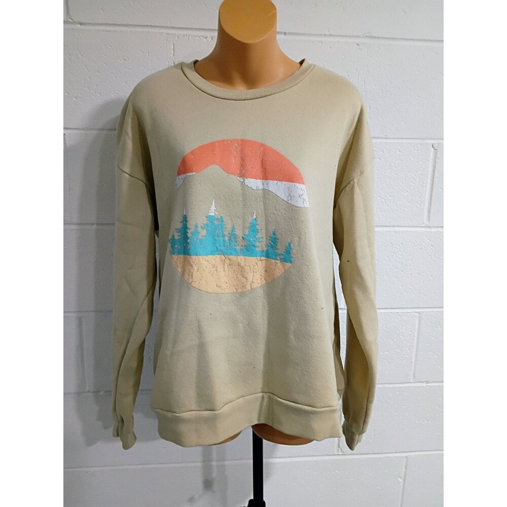 Women's XL Beige Crew Neck Sweatshirt Outdoor Mountain Forest Graphic Pullover